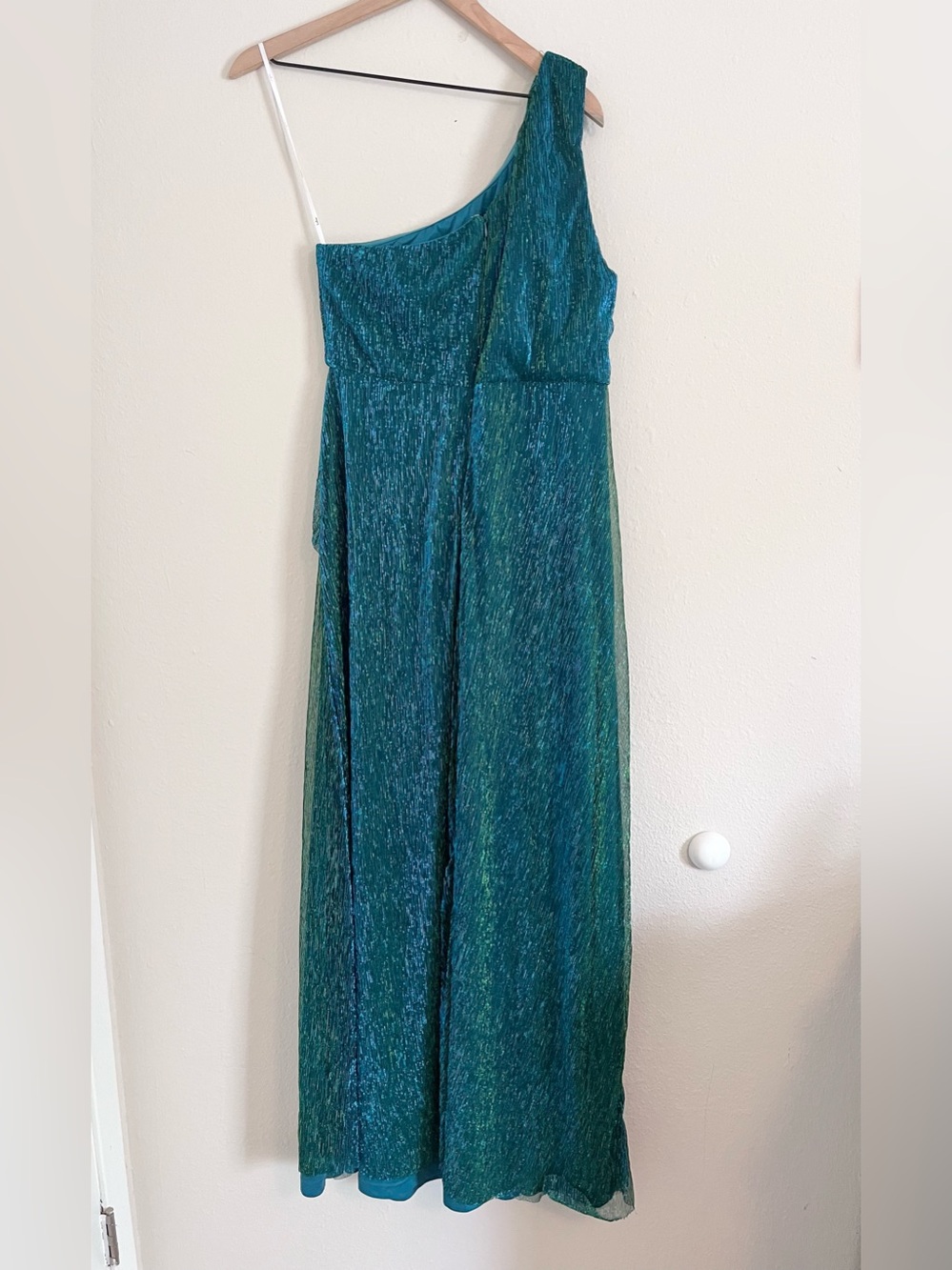 Lulus Glamorous Glitz Shiny Teal Green One-Shoulder Maxi Dress Sz Large Long - Picture 5 of 13